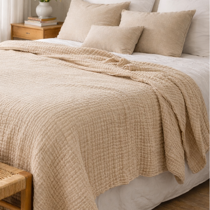 Tynt bomullspledd for sommeren på en fin red opp seng. 