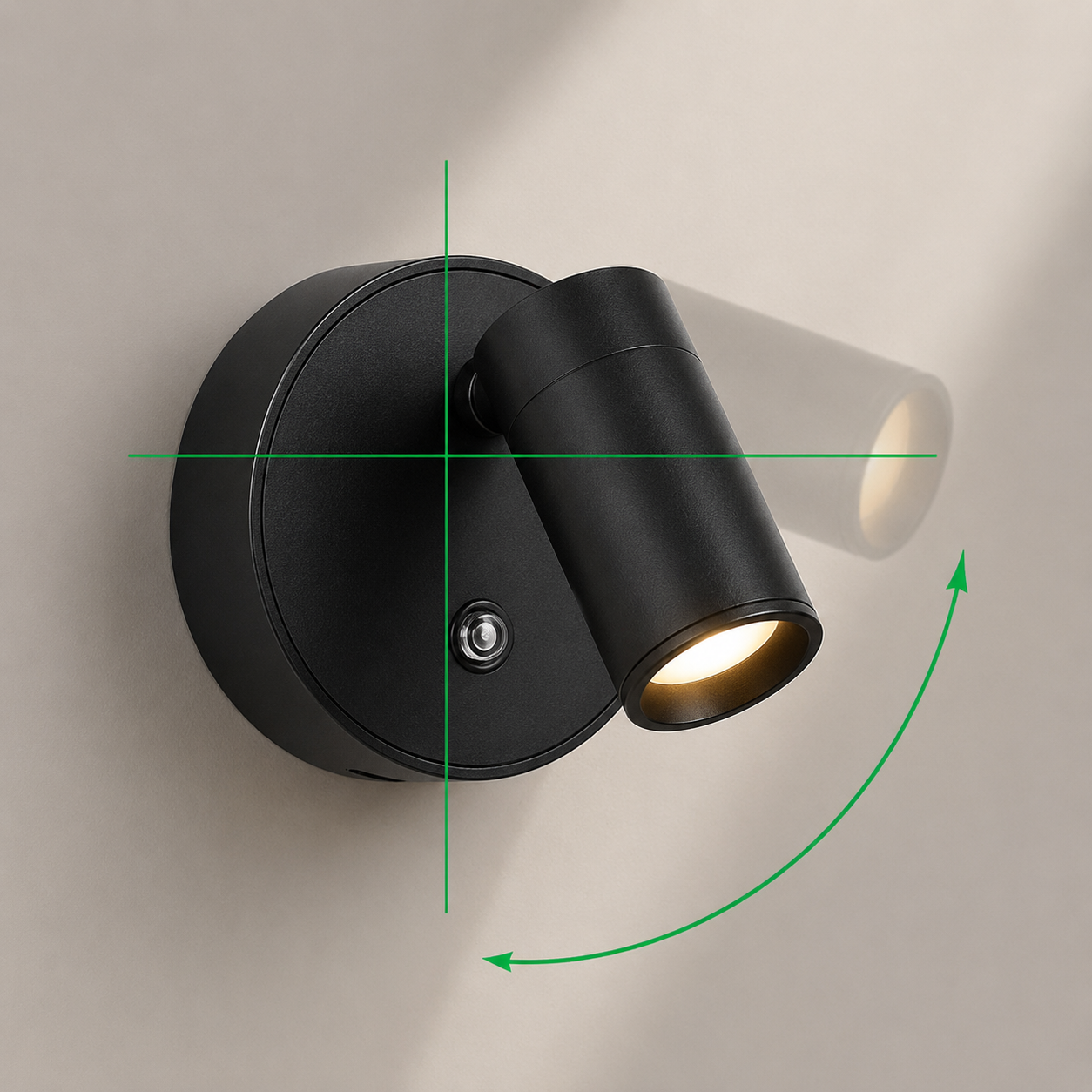 Sort vegglampe på en veggg som viser at lampe hodet går opp og ned. 