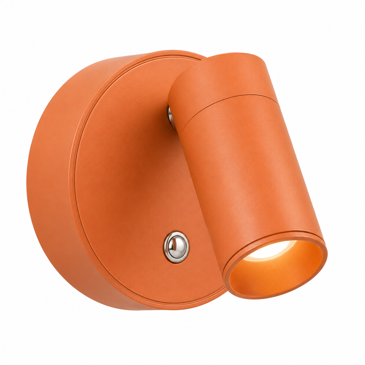 liten oransje vegglampe med knapp på seg uten skruer med knapp så bra for de som skal leie