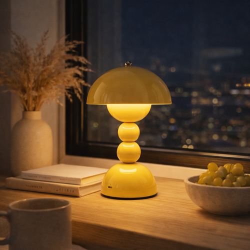 Liten gul le lampe i vinduskarmen