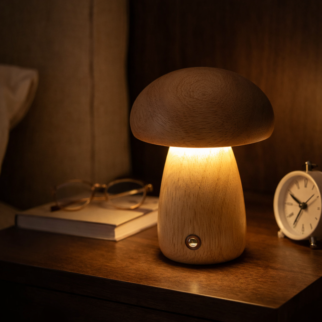 Sopp lampe i tre på nattbord