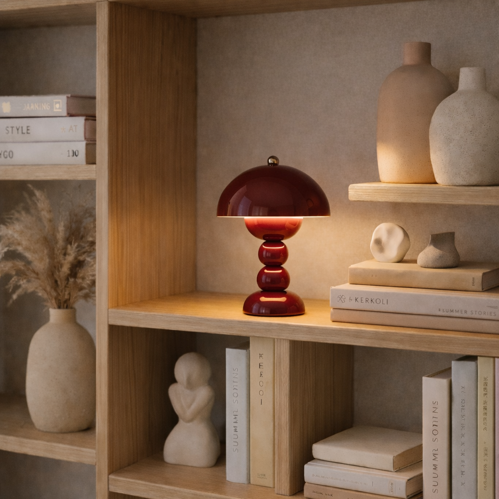 Rød lampe i stor hylle med flere bøker, vaser og statuer. 