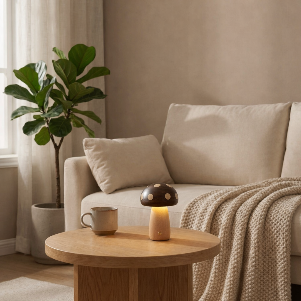 En fin enkel lampe på et enkelt bord i en stue. 