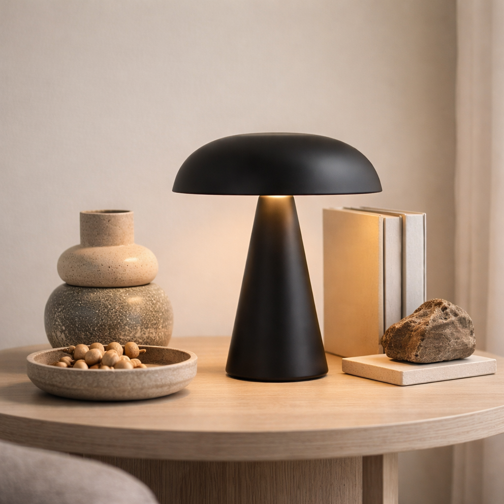 Black lamp on a sidetable with other decor. 