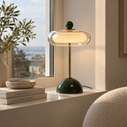 Bordslampa i glas och metall med grön fot