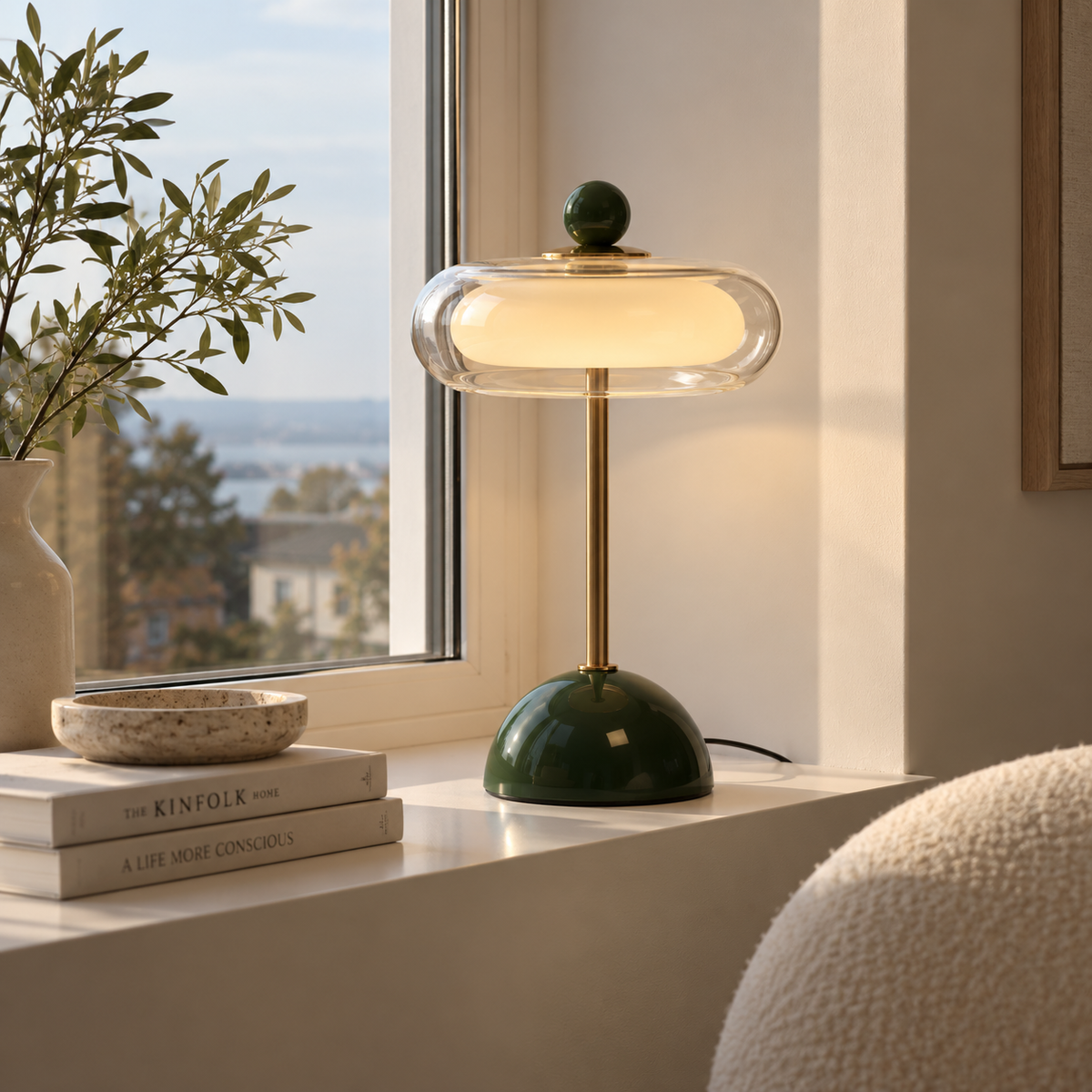Bordslampa i glas och metall med grön fot