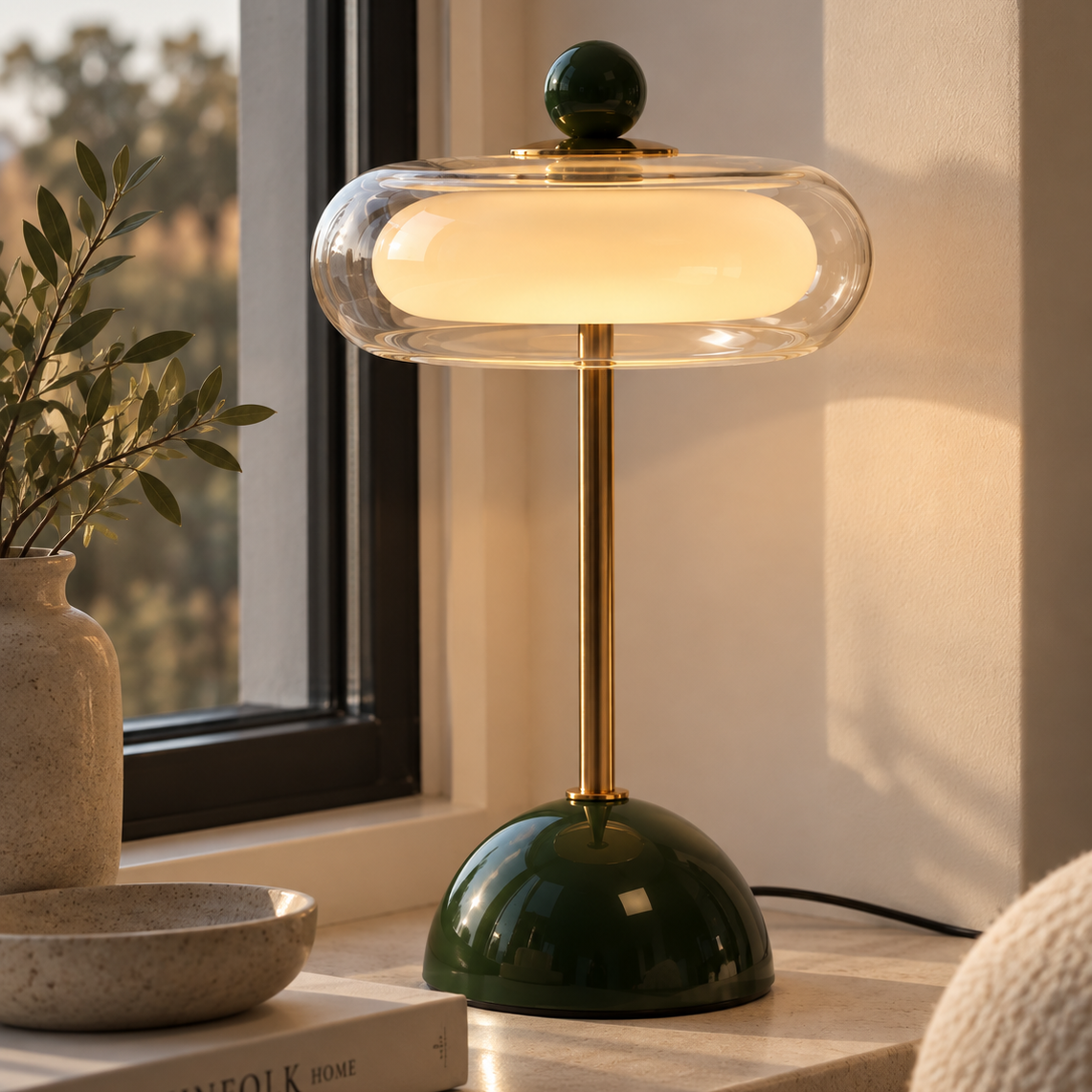 Bordslampa i glas och metall med grön fot