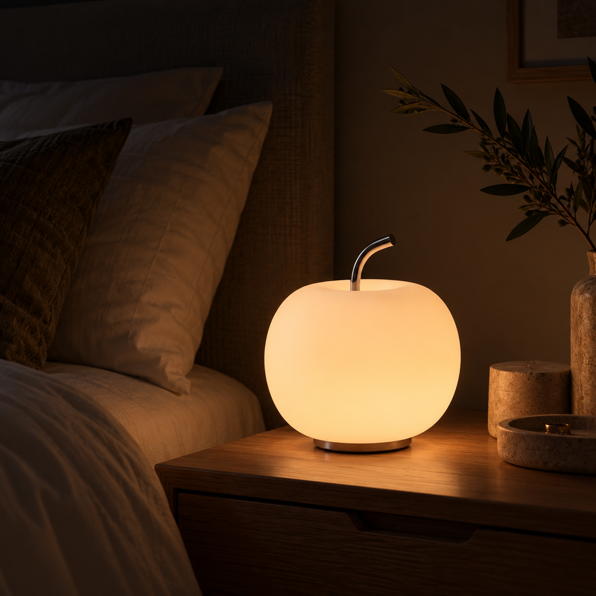 Bordlampe i glass med epleform og touch-bryter
