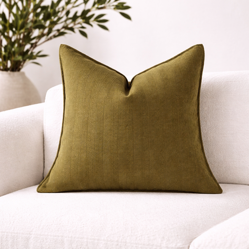 Fin grønn teksturert pute på en hvit koselig sofa