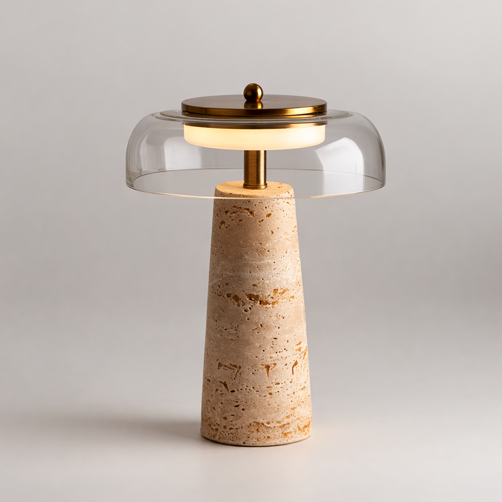 Lampe med steinstand og glasskjerm i et klart glass.