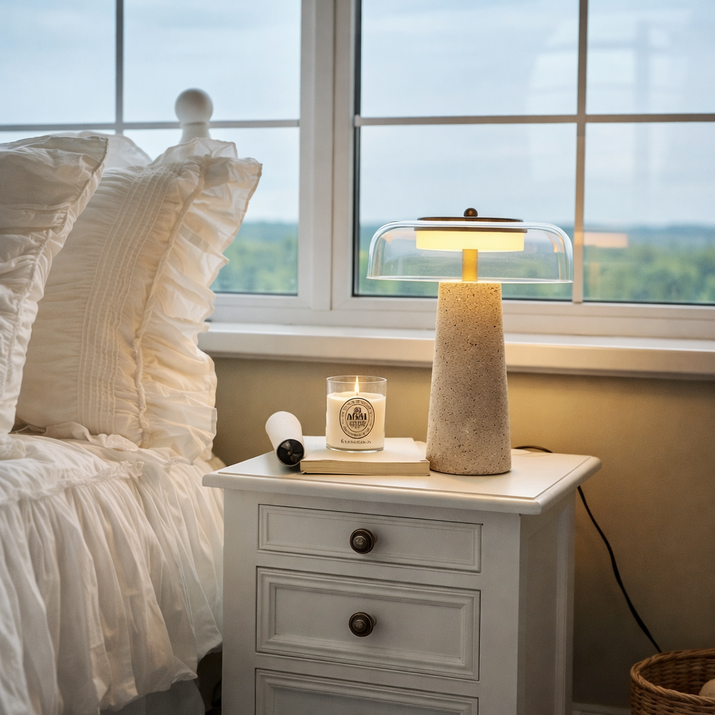 Lampe laget av stein og gladd på et koselig nattbord. 