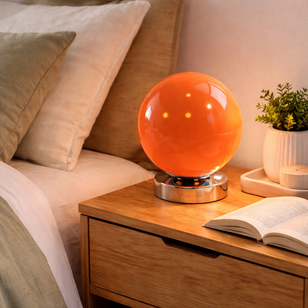 Rund glasslampe i oransje på et nattbord. 