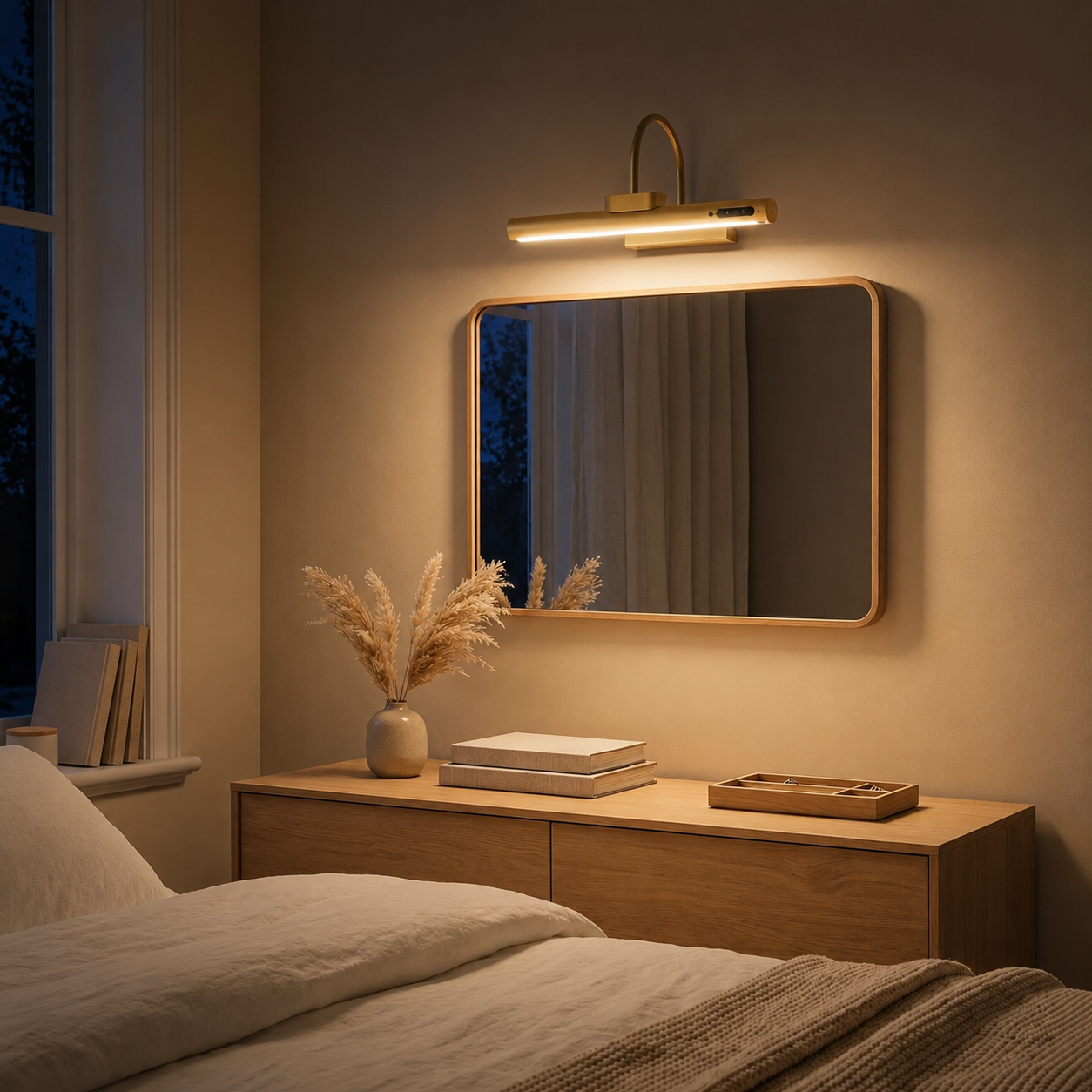 Lampe på et soverom med dimmet lys og lampen i gull er på