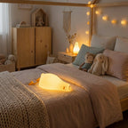 Andelampe i et soverom som ligger ned på en seng med lyset på.