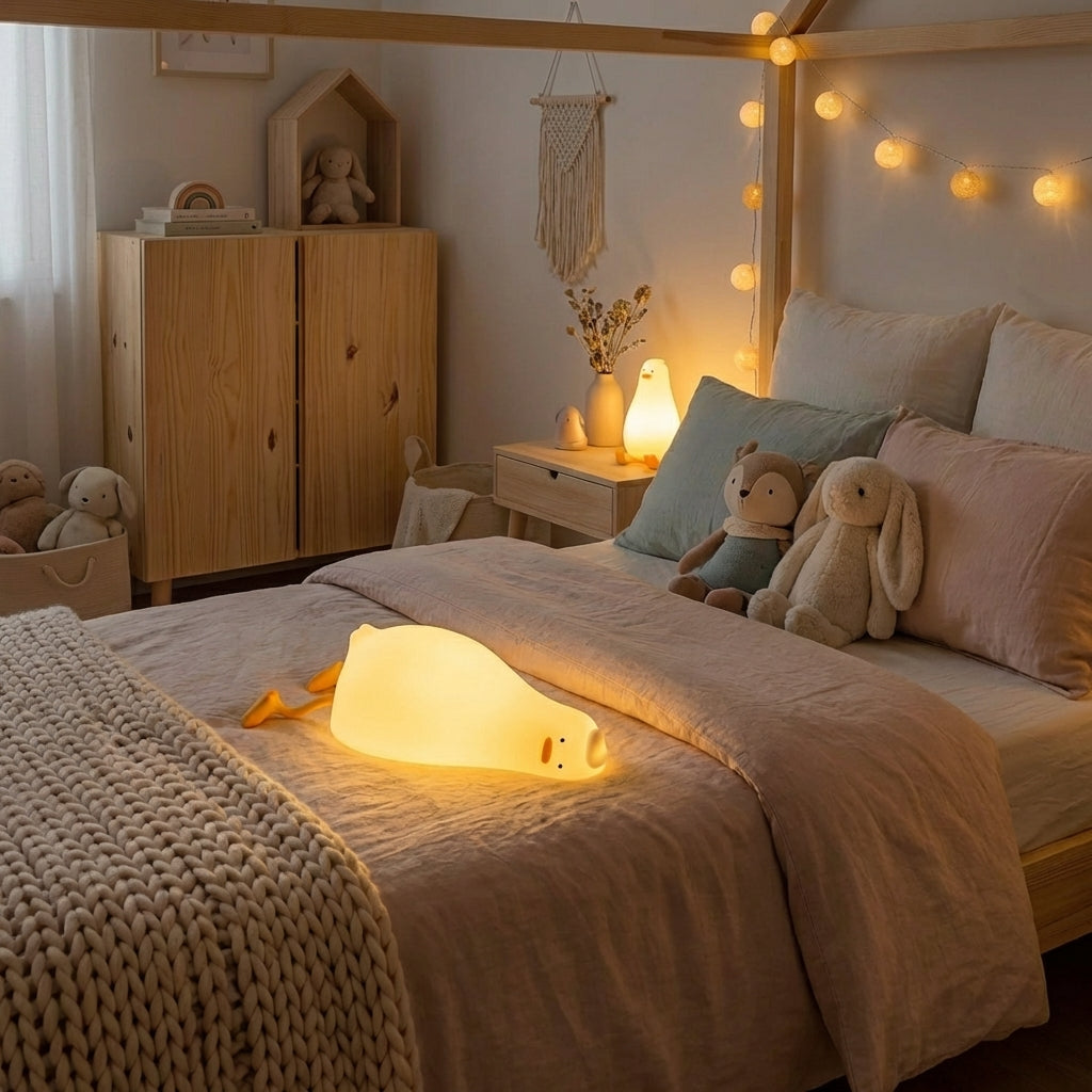 Andelampe i et soverom som ligger ned på en seng med lyset på.