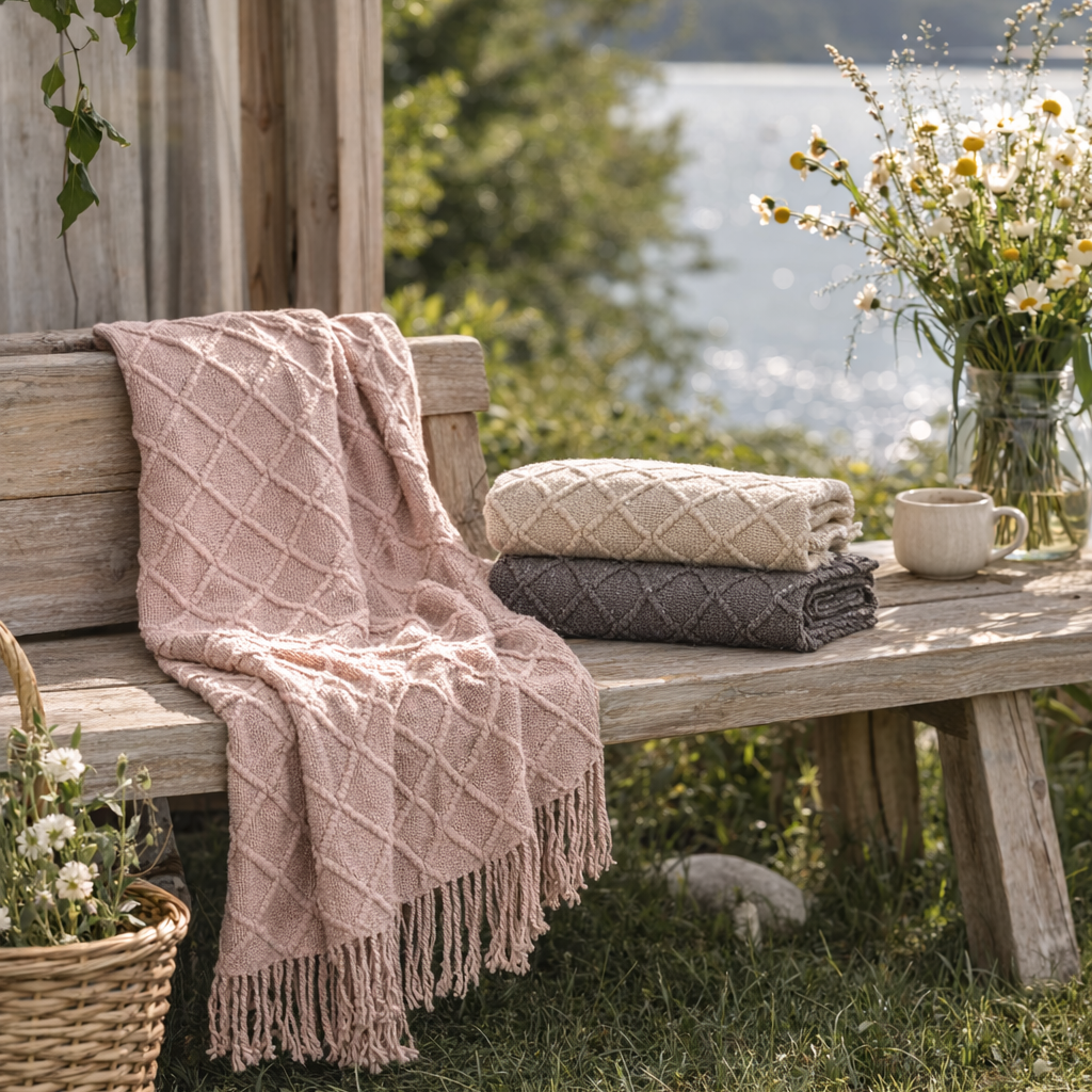 Strikket Nordisk Pledd | Dekorativt Sofa- og Sengeteppe med Dusker