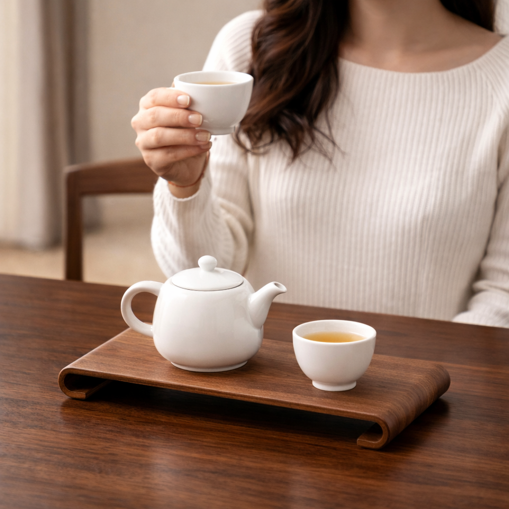 Dame som holder te på en trefjøl