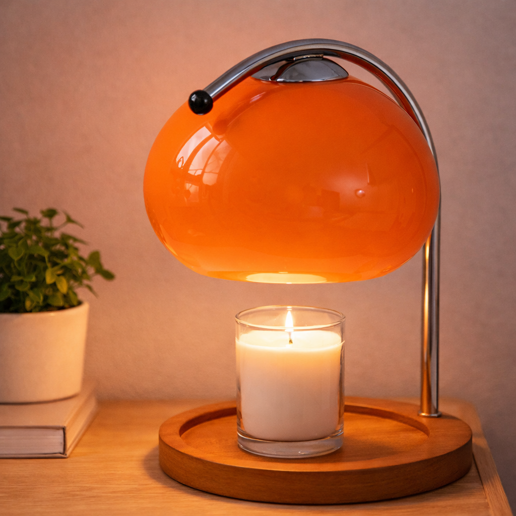 Oransje lampe med et lite lys under på et nattbord. 