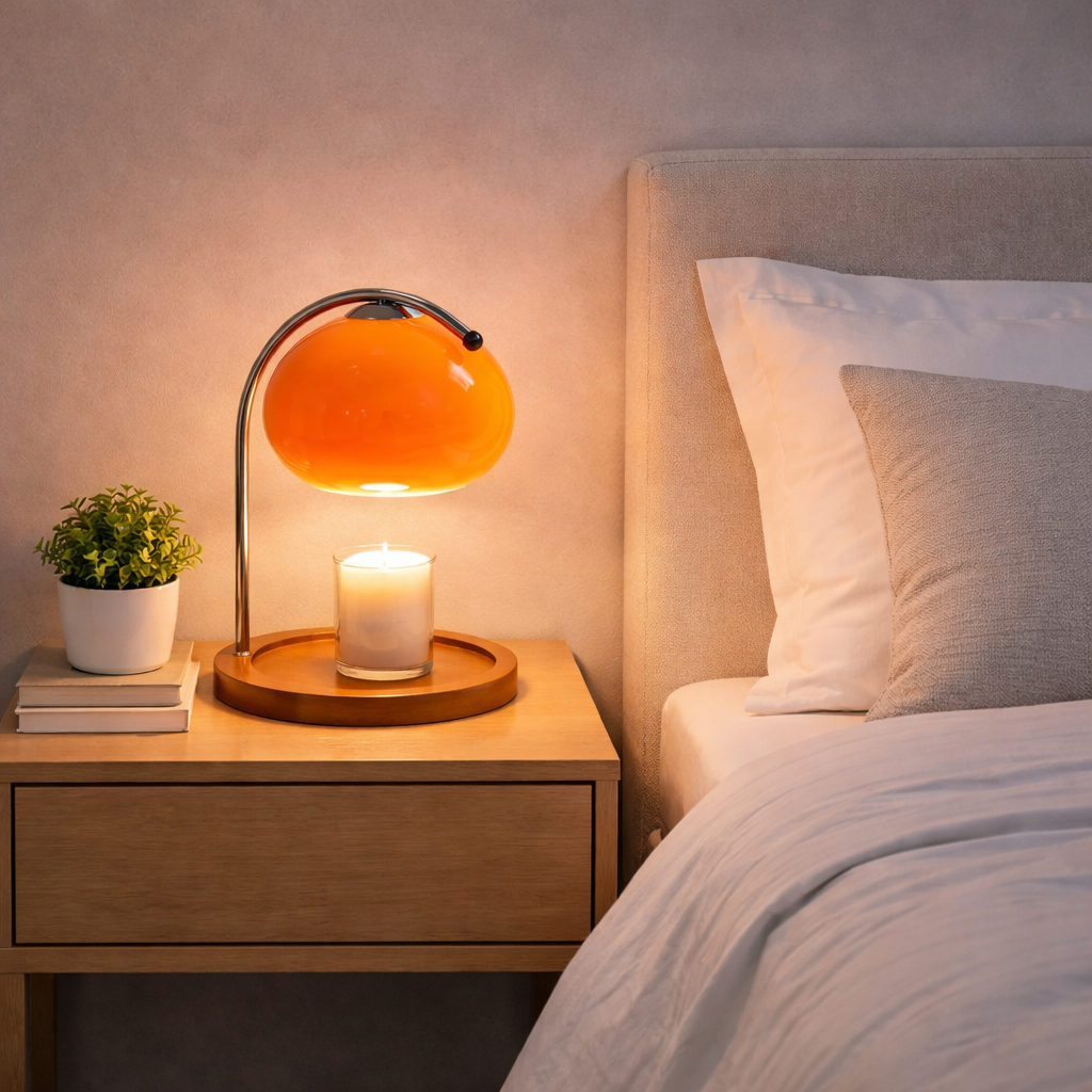 Oransje lampe på nattbord i fint design. 