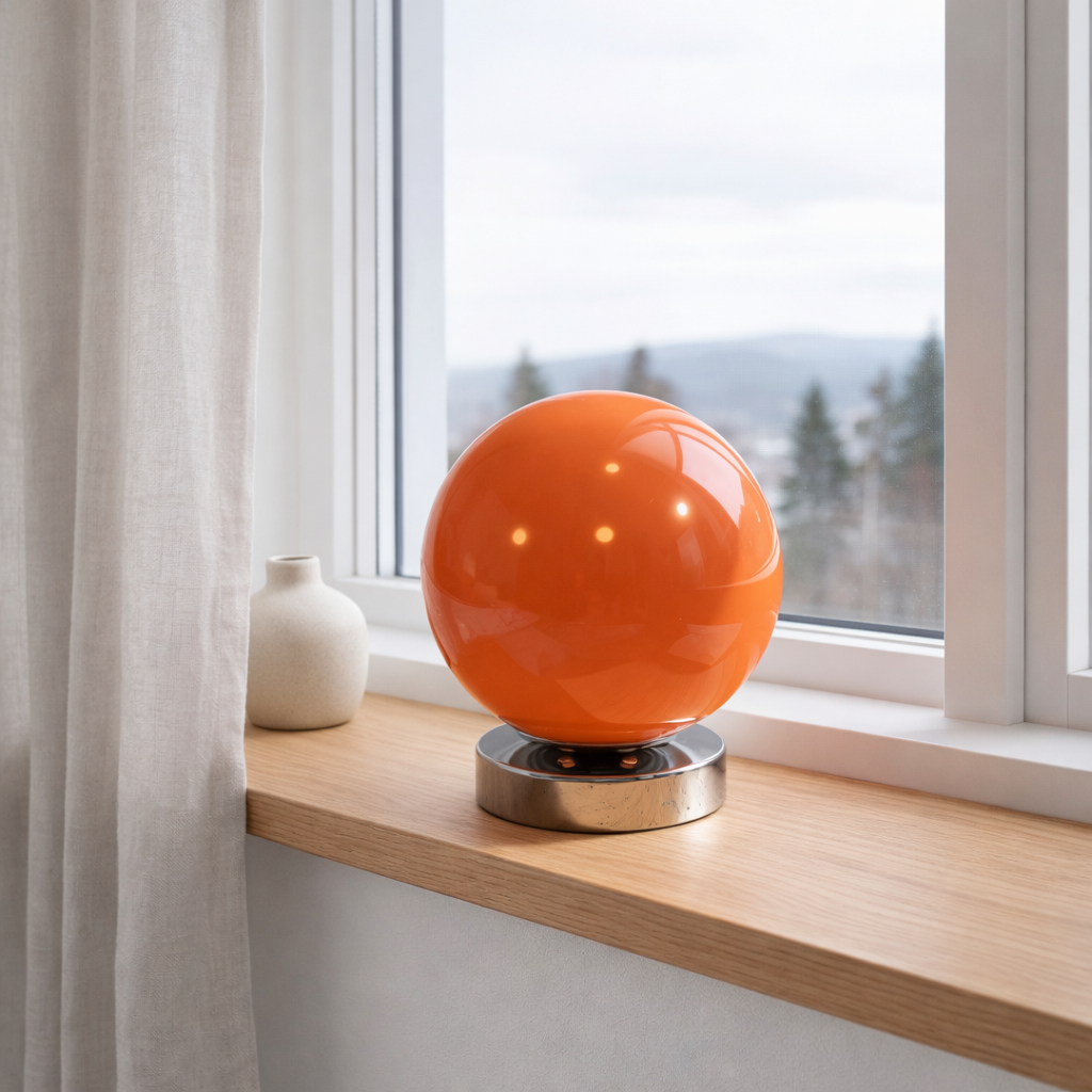 Fin rund nordisk lampe i oransje i vindu. 