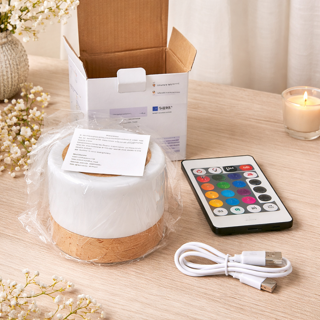 Oppladbar LED lampe i eske som kommer med fjernkontroll, lader og i plast.