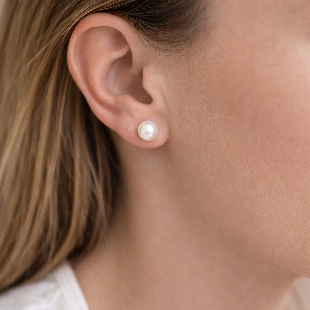 Dame modell med runde perleøredobber .