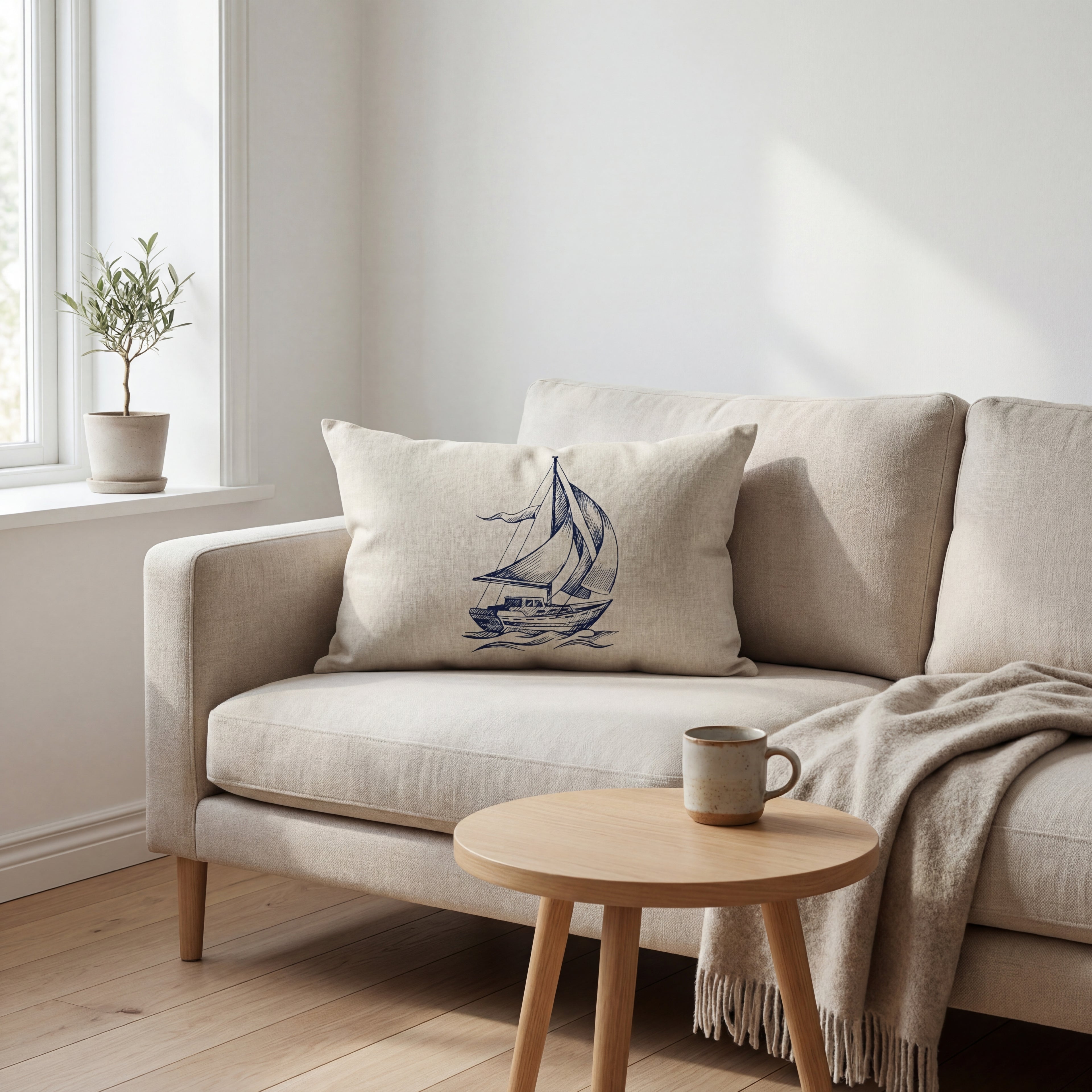 Fin hvit og blå maritim pute i et koselig stue.