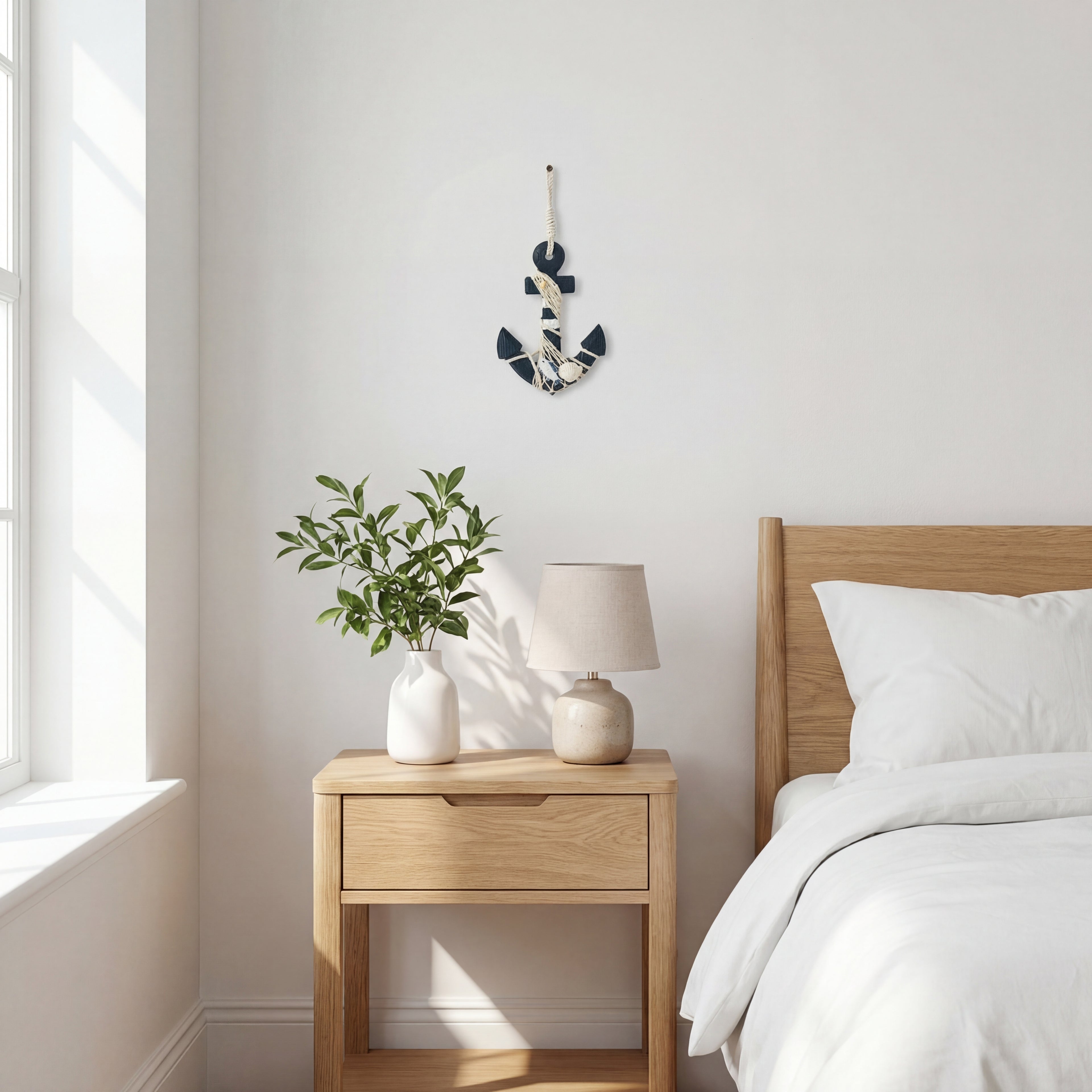 En fin liten båtanker figur i et koselig hvitt soverom.