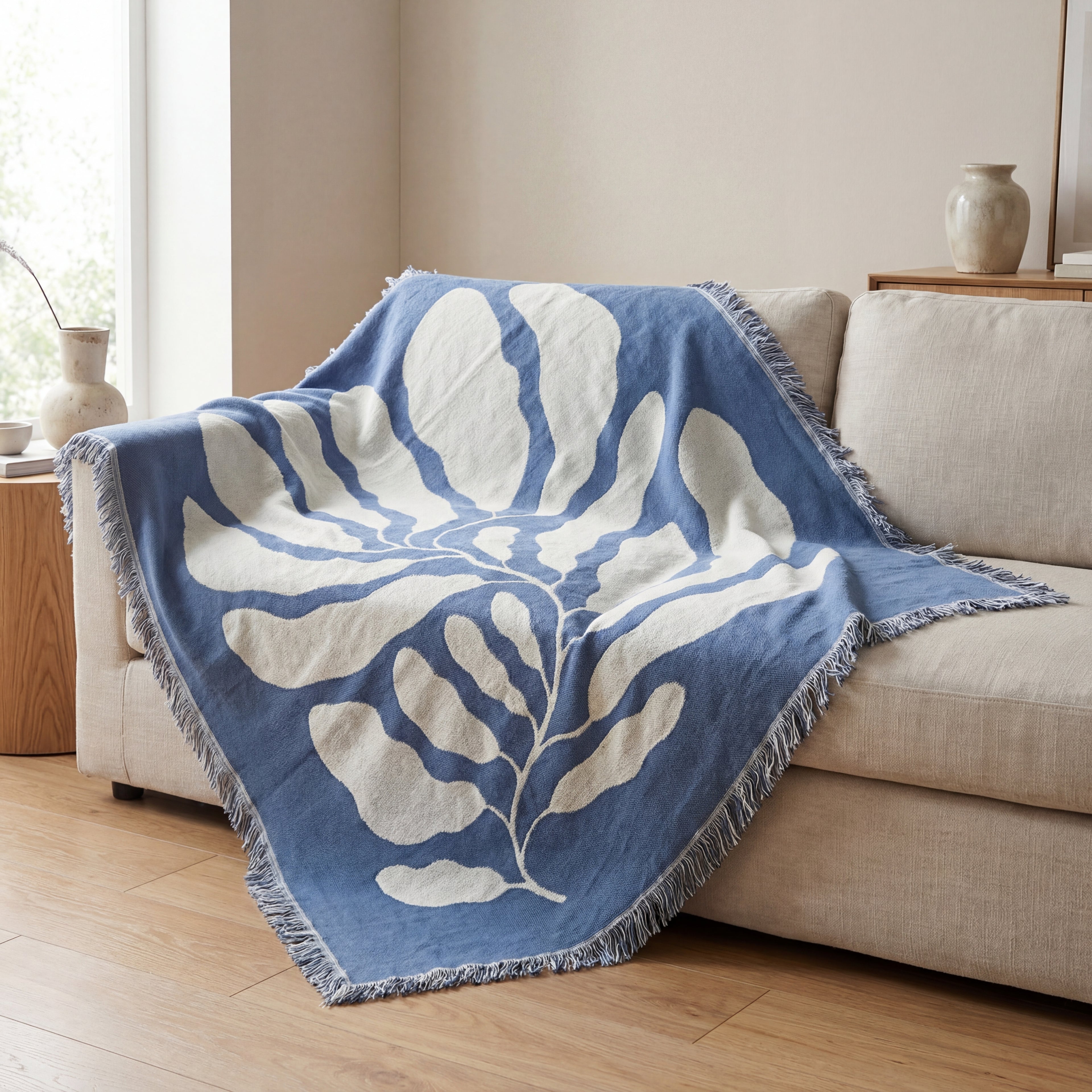 Fint stort teppe i maritimt design på en stor lys sofa. 