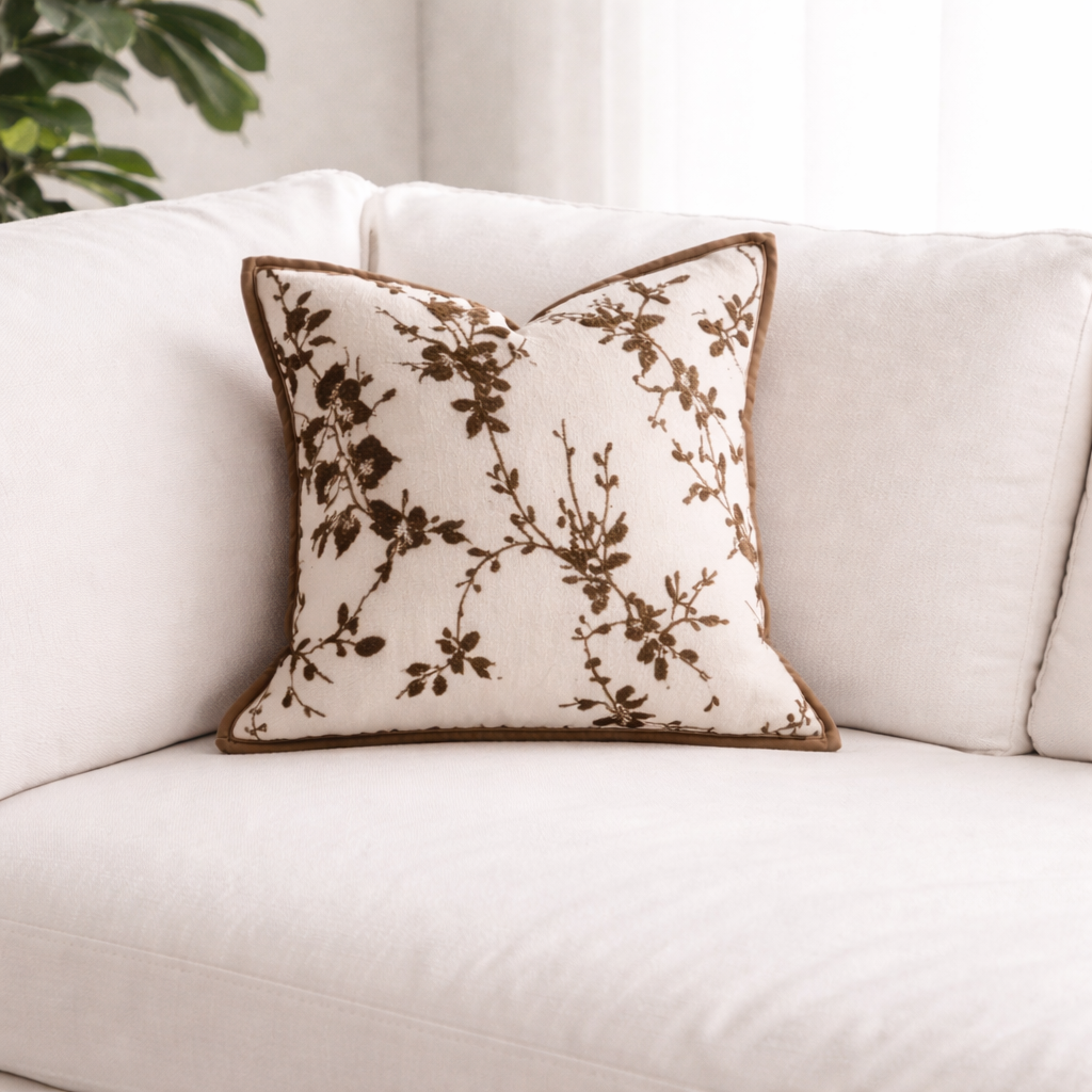 Hvit pute med brune detaljer i hvit sofa. 