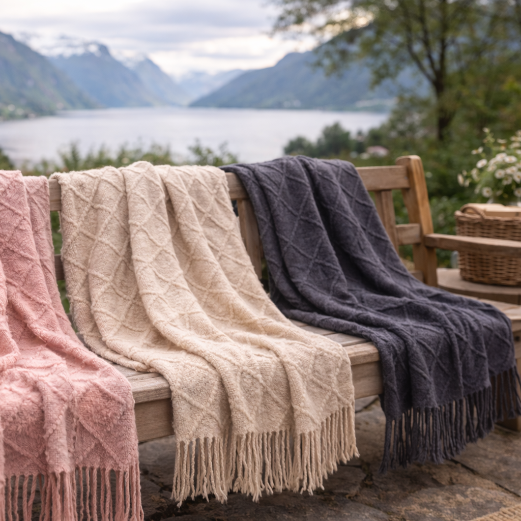 tynne pledd på benk i norge foran en fjord.