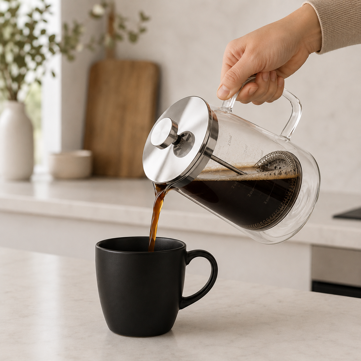French press in glass and sterling silver  pouring in a coffee cup in a kitchen.
