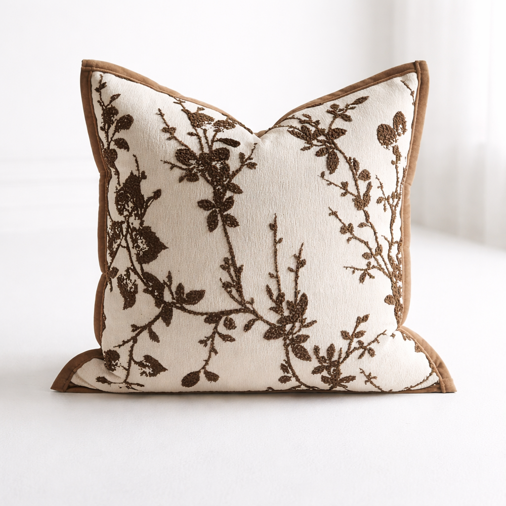 Fine detailjer på en pute i hvitt studio. 