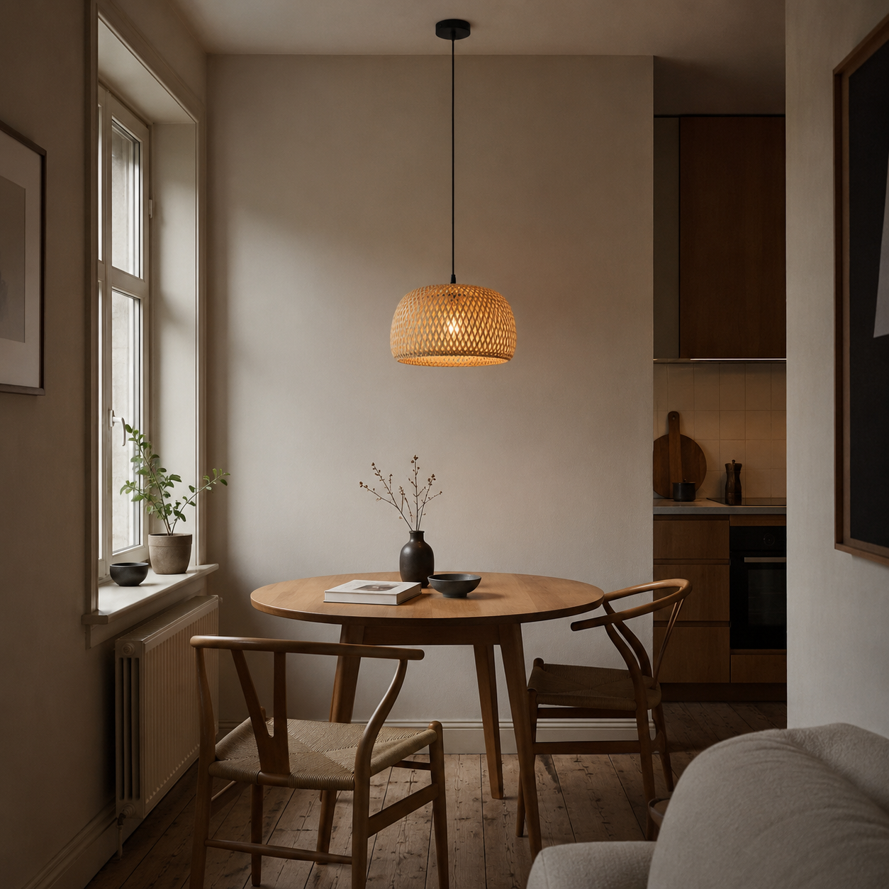 Rattan pendant light in a nice kitchen apartment area. 