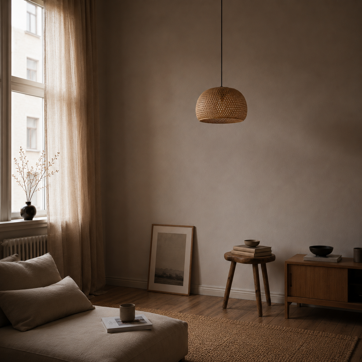Rattan lampe i håndlaget stil i et åpent skandinavisk rom.