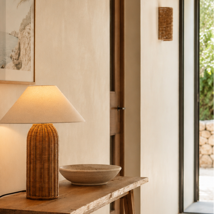 Rattan bordlampe på en benk i en stue.