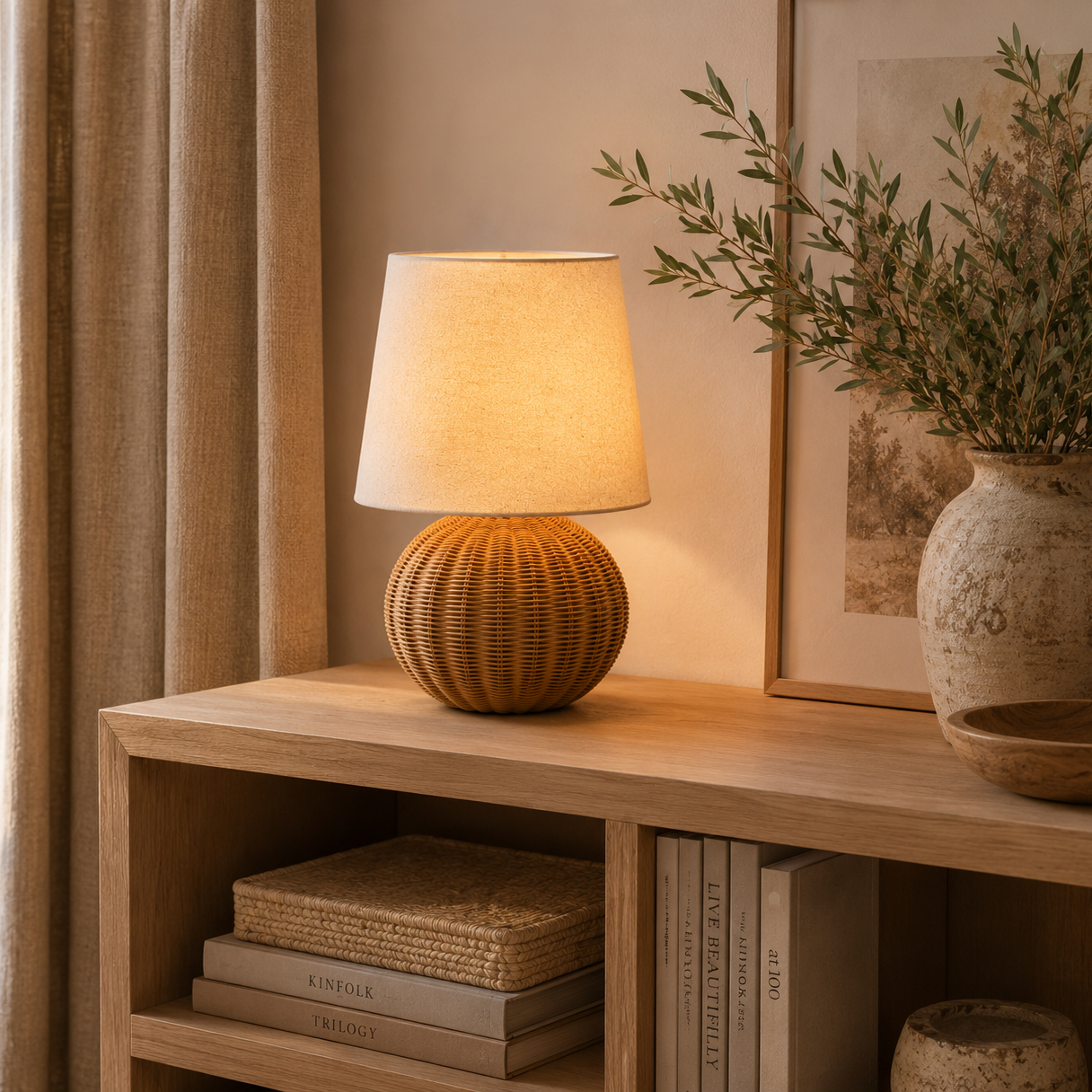 Rund rattan bordslampa med linneskärm