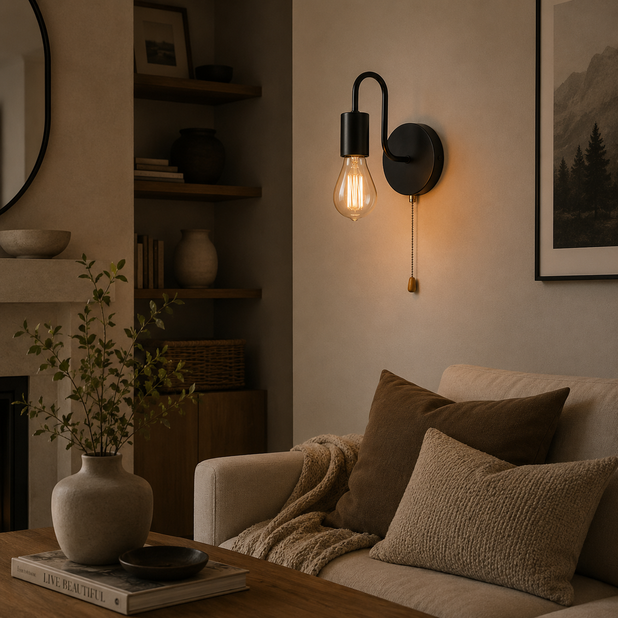 Nice reading light on a wall in a living room in a cozy environment. 