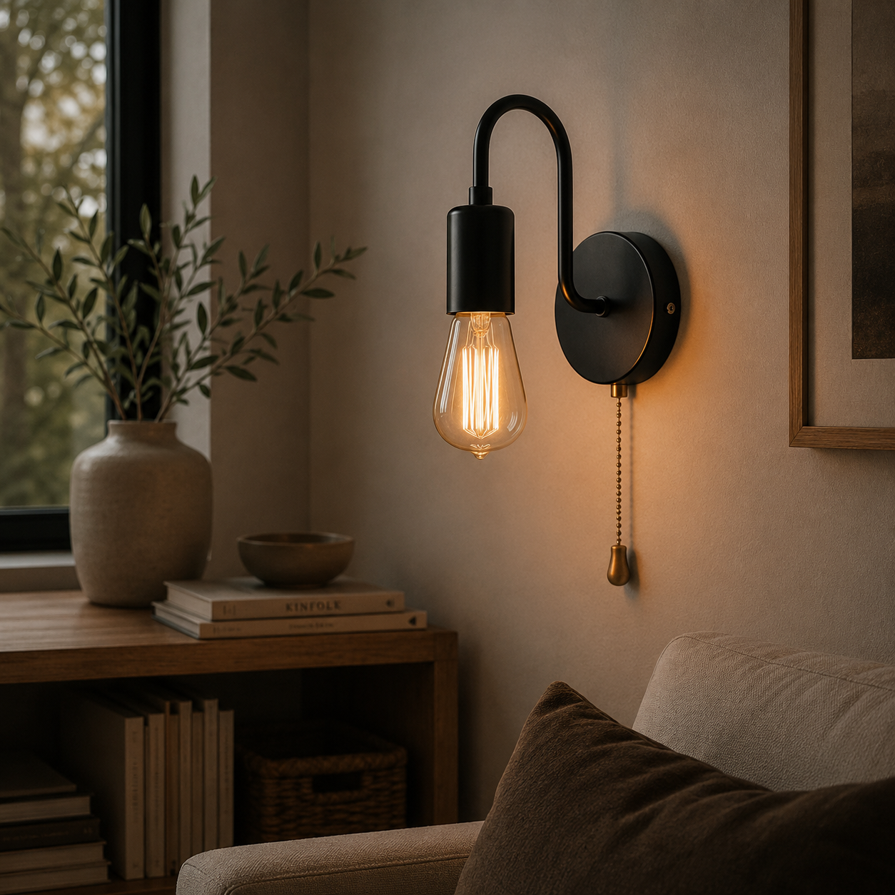 Industrial vegglamp på en vegg i en stue. 