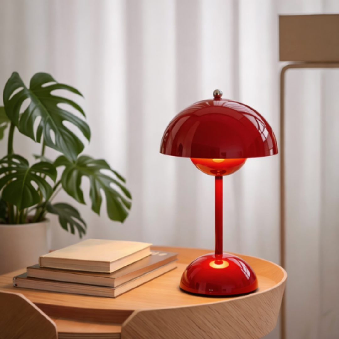 Fin lampe på bord i stue med planter og bøker