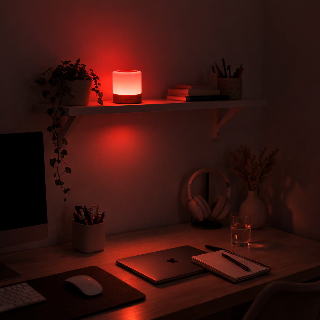 Fint rødt lys fra lampe på hylle over pult på soverom. Led lampe. 