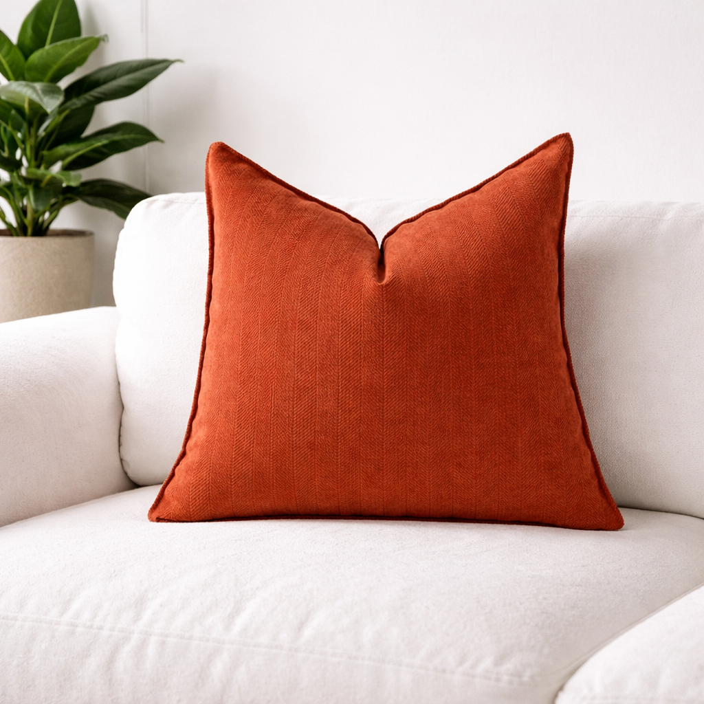 Fin brent orange  teksturert pute på en hvit koselig sofa