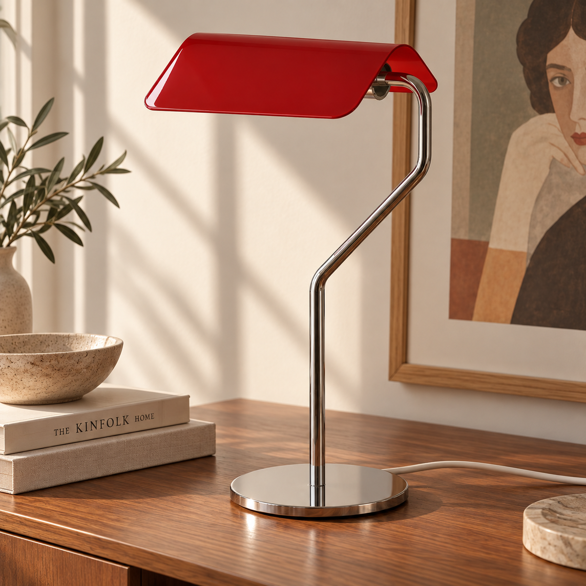 Skrivebordslampe med flat glasskjerm og bøyd arm