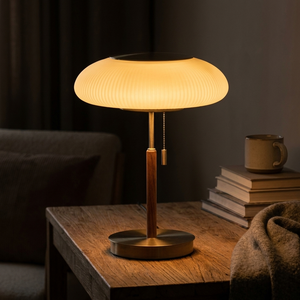 Moderne lampe med rifflet glasskjer og metall-og tredetaljer.