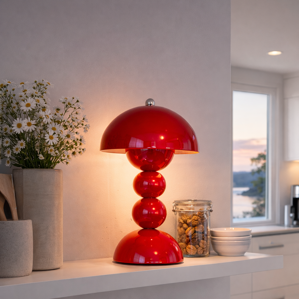 Rød lampe i plastikk på hylle i moderne hjem. 