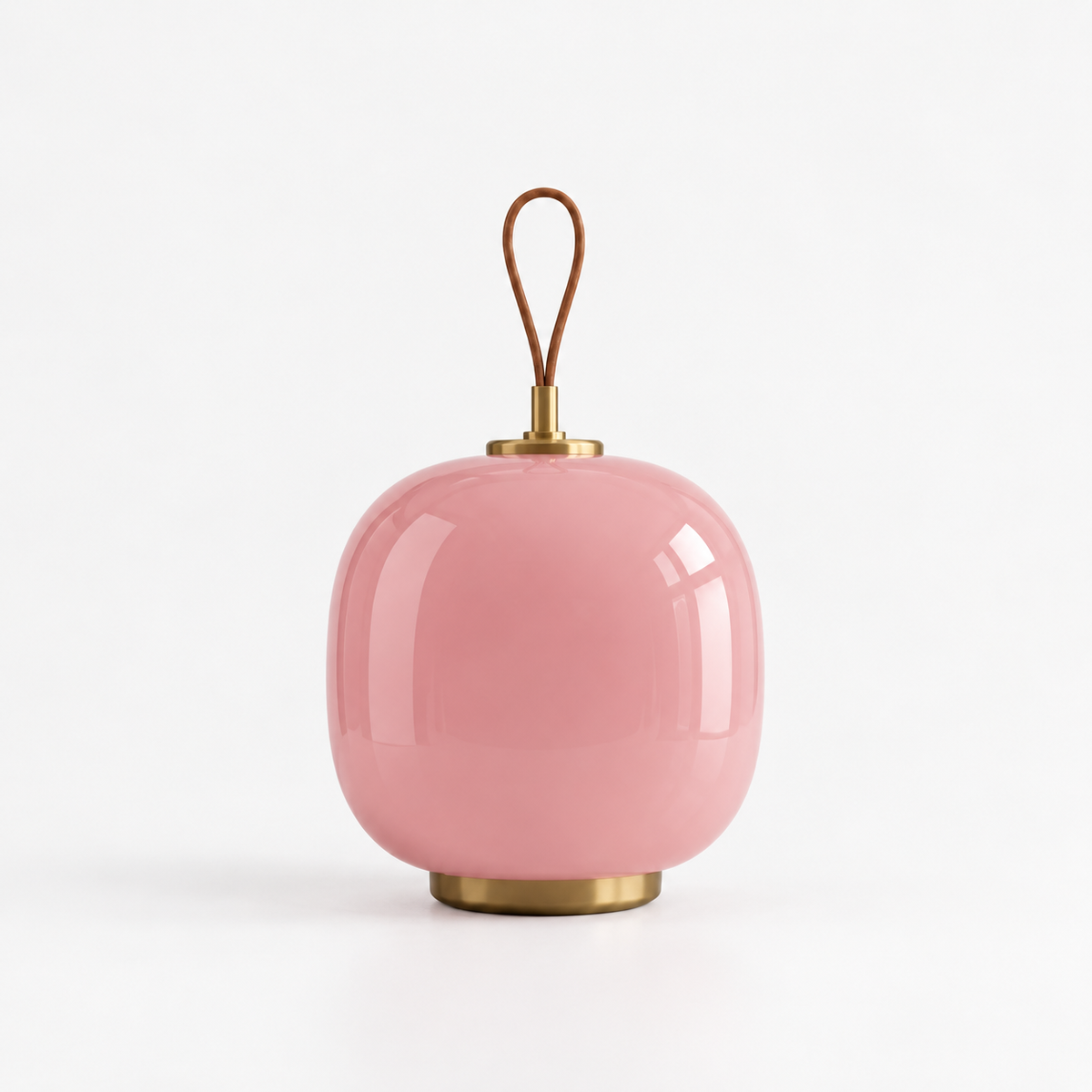 Trådløs bærbar lampe i rosa glass med bærehåndtak