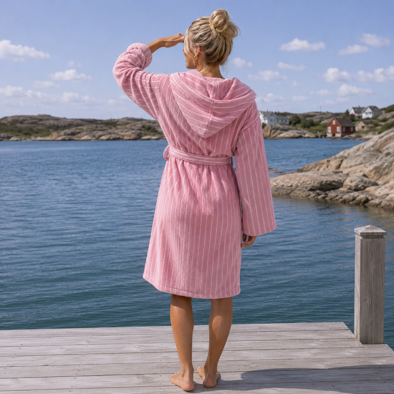 Modell med rosa morgenkåpe på en fin brygge.