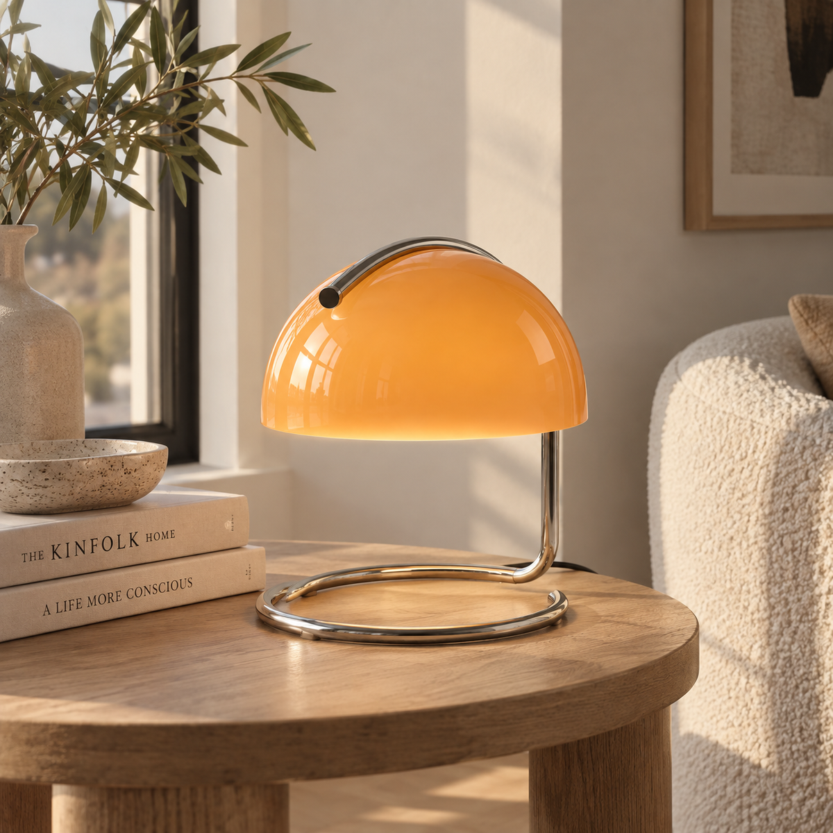 Bordlampe med halvkuleformet glasskjerm og kromfot