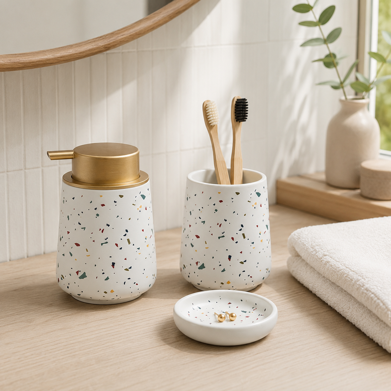 Terrazzo badesett i keramikk med såpedispenser, tannbørsteholder og liten skål, gulltonet pumpe