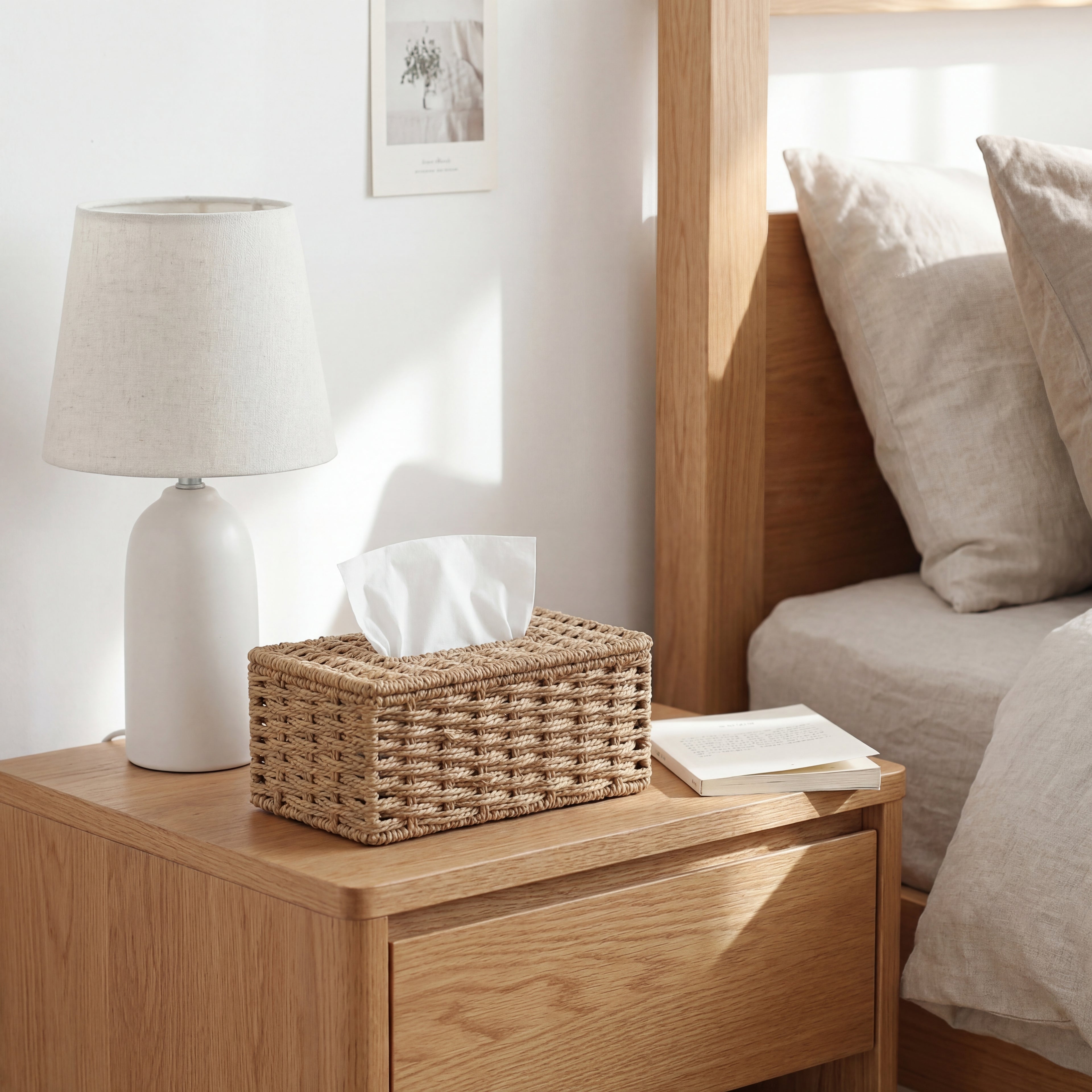 Rattan tørkepapirholder på et koselig nattbord. 